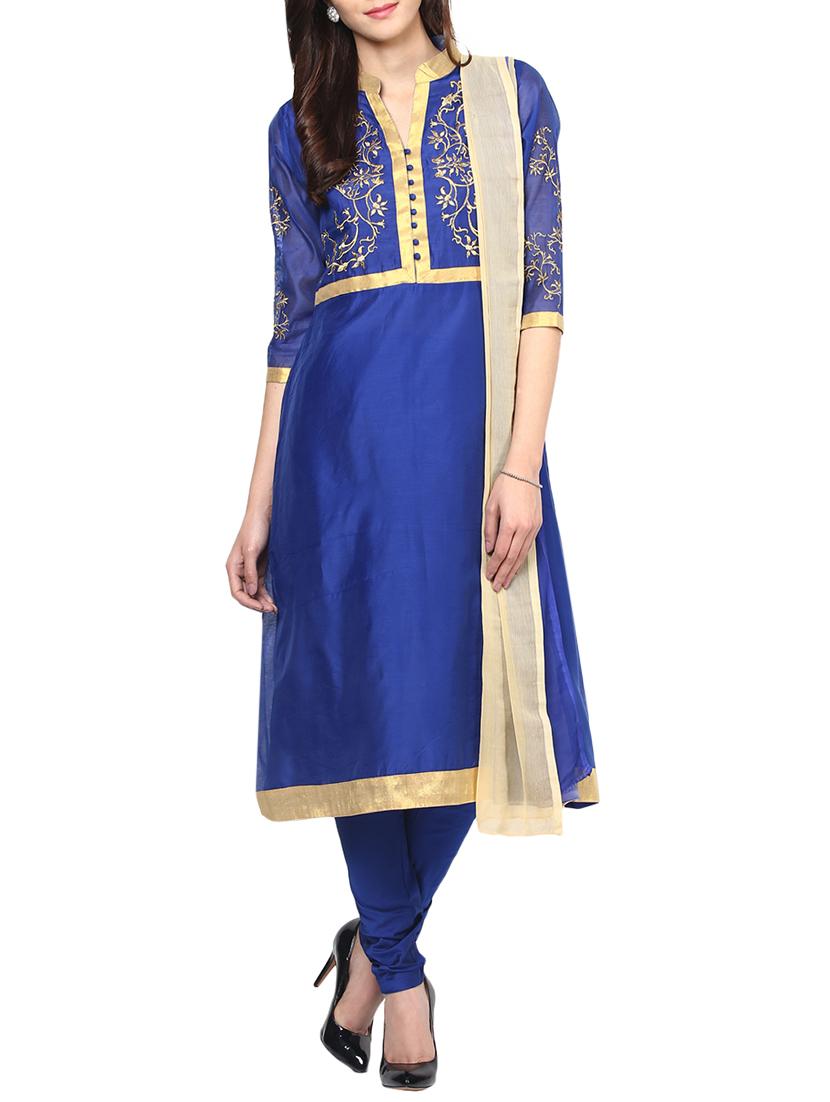 blue chanderi embroidered stitched churidaar suit - 13296938 - Zoom Image - 1