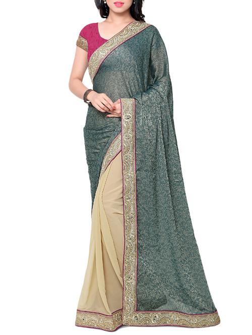 green & beige georgette embellished half and half saree with blouse - 13301501 - Standard Image - 1