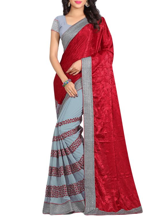 red & grey georgette embellished half and half saree with blouse