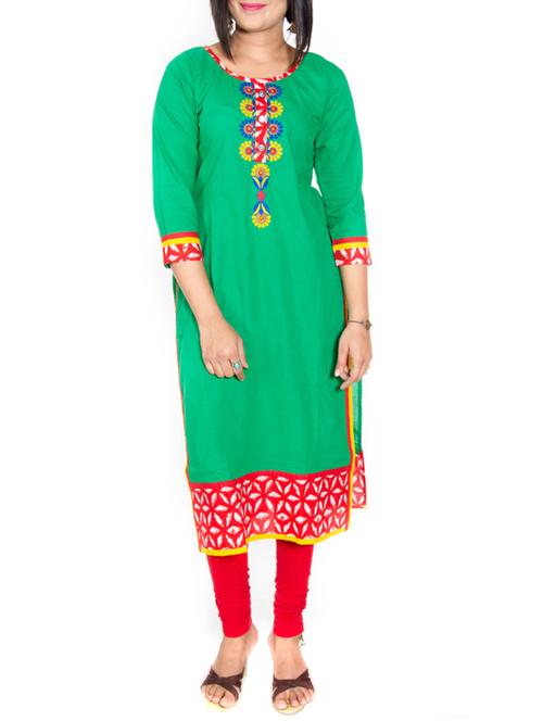 green cotton embroidered straight kurta - 13301888 - Standard Image - 1