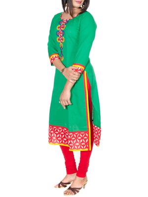 green cotton embroidered straight kurta - 13301888 - Standard Image - 2
