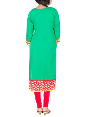 green cotton embroidered straight kurta - 13301888 - Standard Image - 3