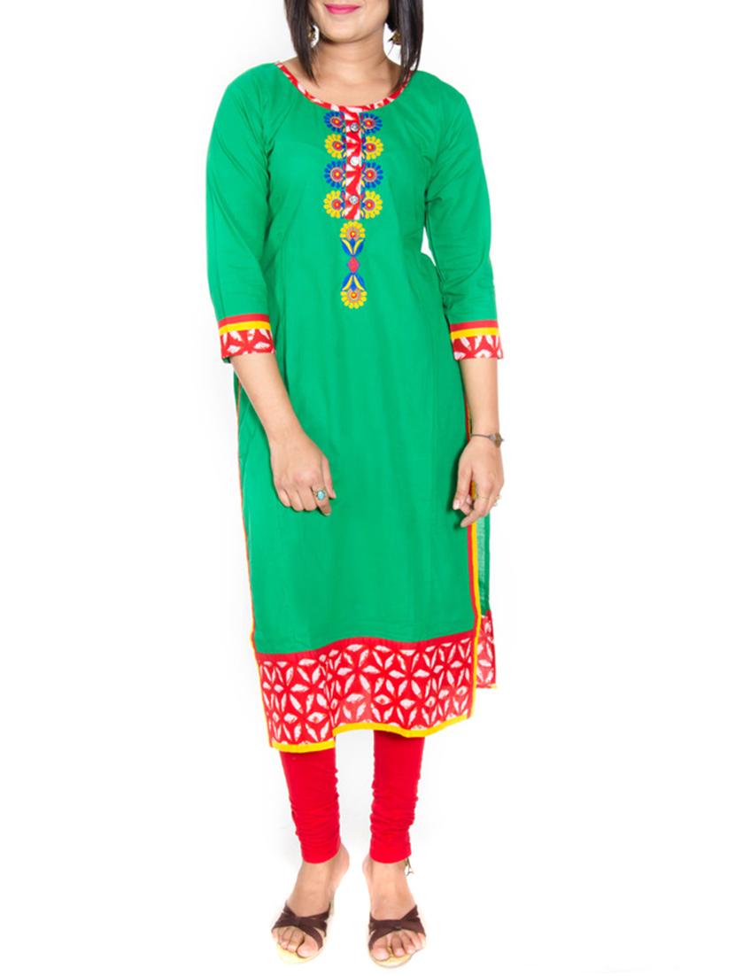 green cotton embroidered straight kurta - 13301888 - Zoom Image - 1