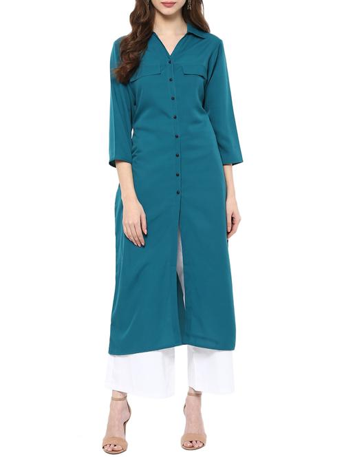 turquoise cotton straight kurta - 13305209 - Standard Image - 1