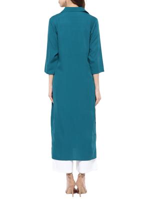 turquoise cotton straight kurta - 13305209 - Standard Image - 3