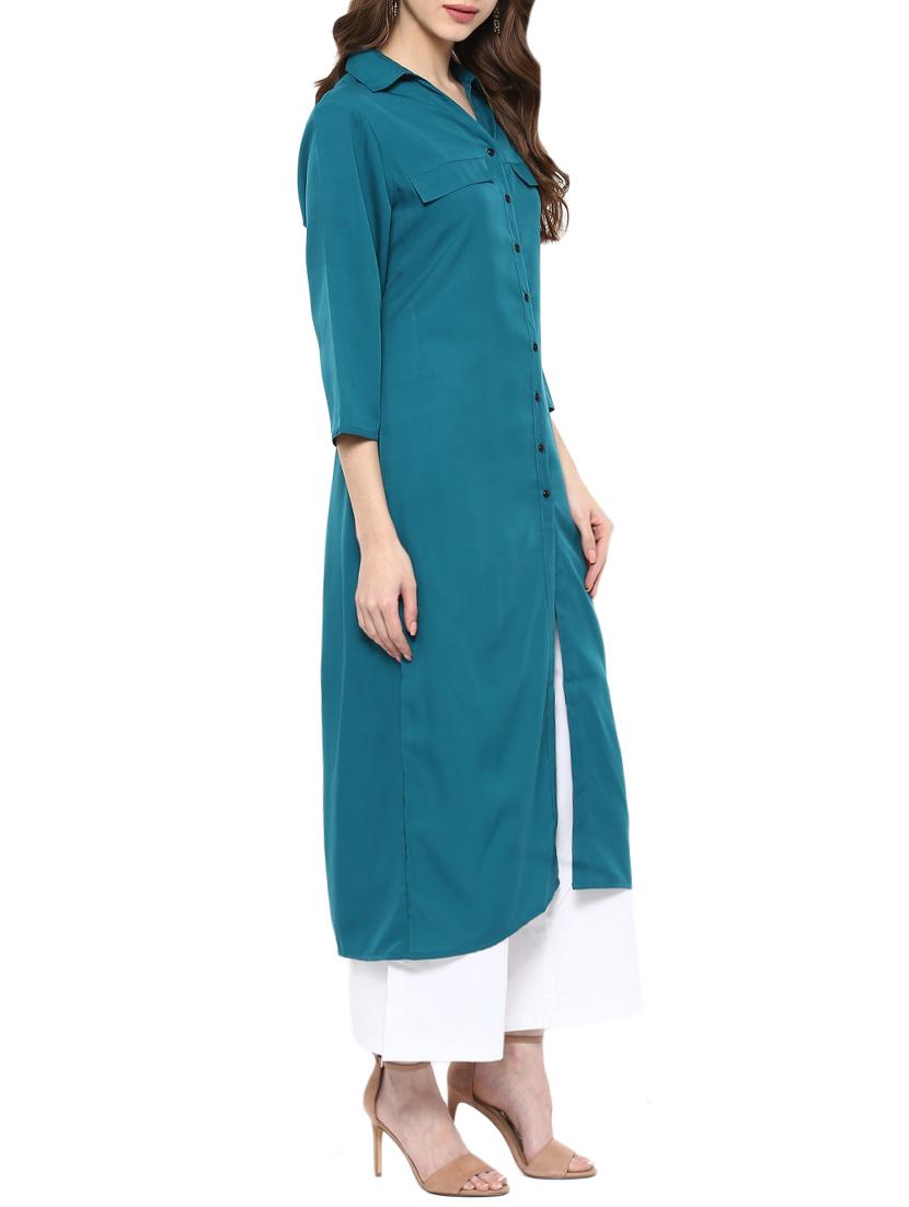 turquoise cotton straight kurta - 13305209 - Zoom Image - 2