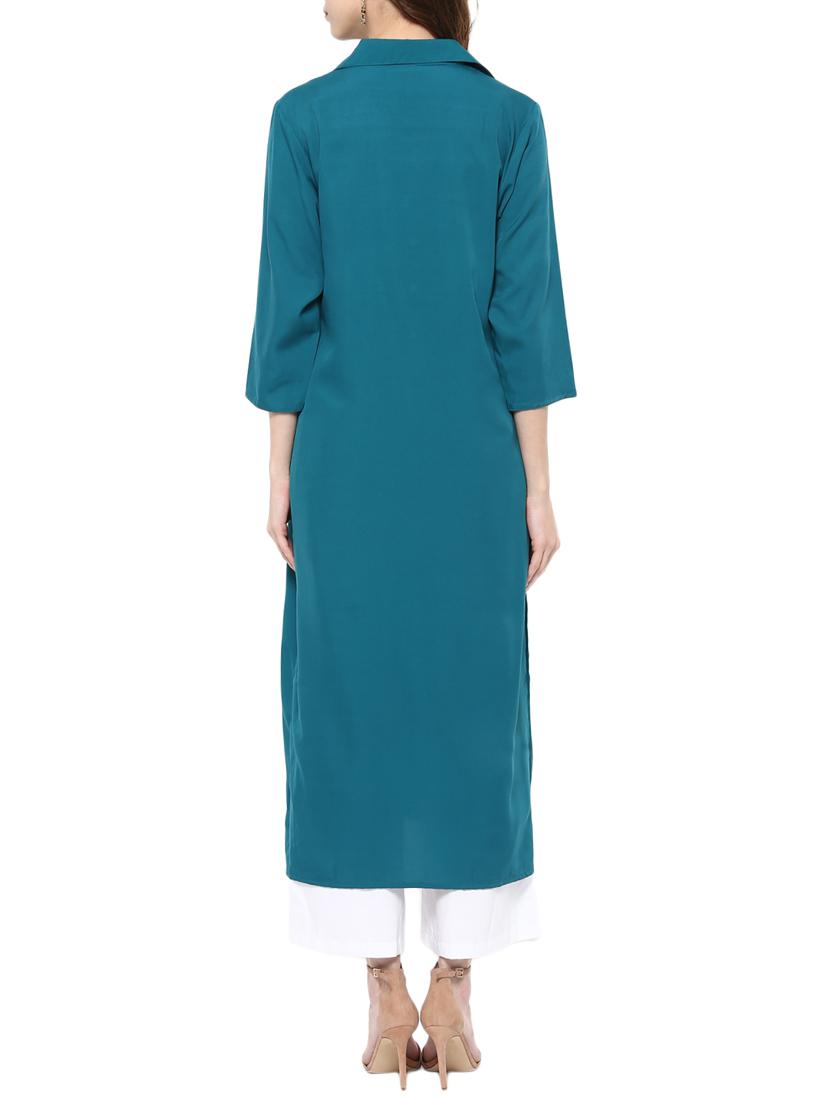 turquoise cotton straight kurta - 13305209 - Zoom Image - 3