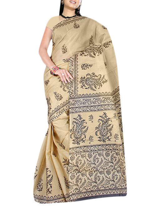 beige Poly cotton printed saree with blouse - 13326892 - Very Small Image - 1