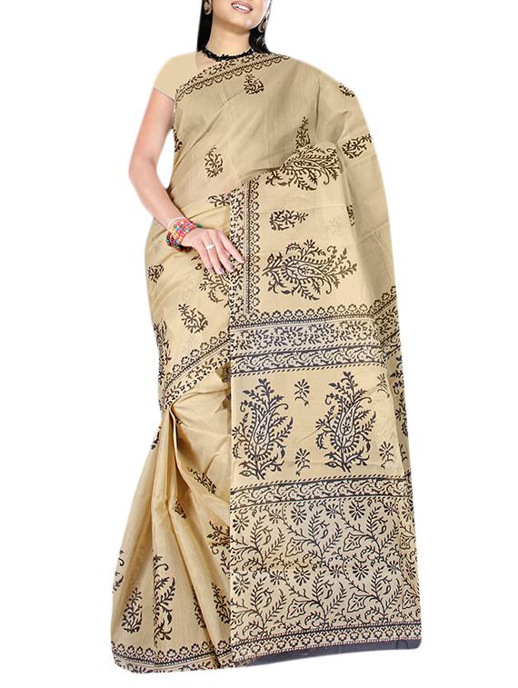beige Poly cotton printed saree with blouse - 13326892 - Zoom Image - 1