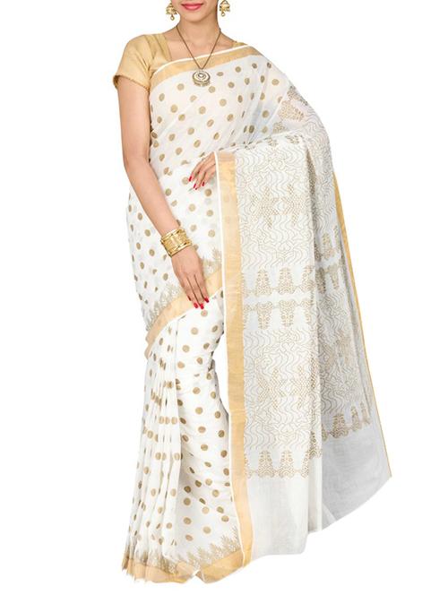white cotton blend woven saree with blouse - 13327217 - Very Small Image - 1