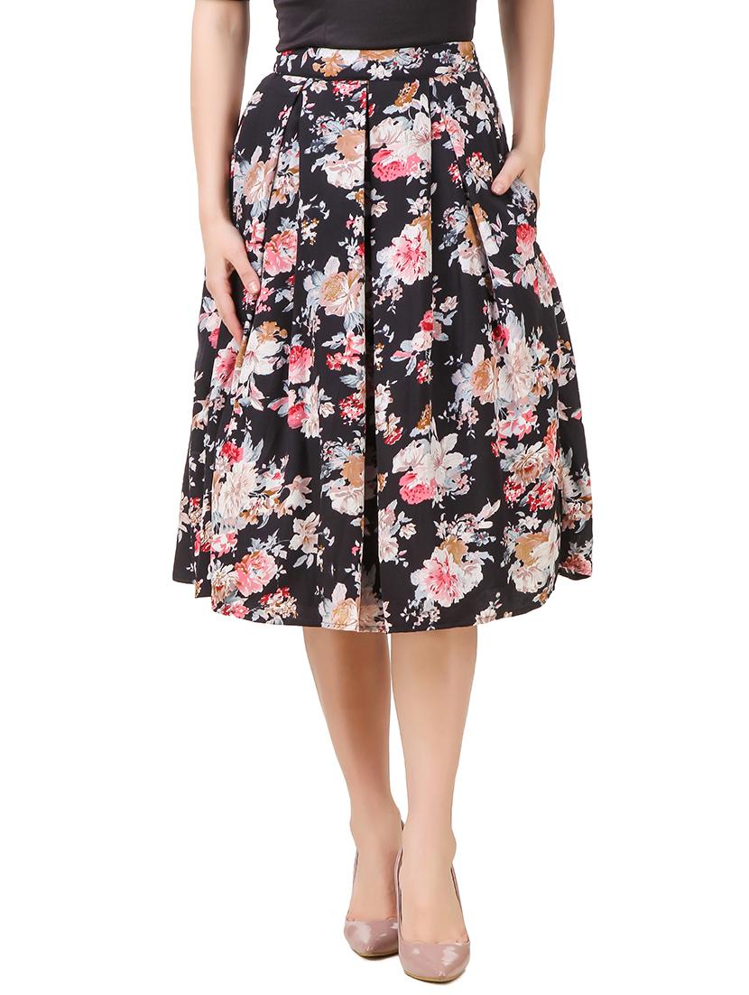 multicolored floral print box pleat skirt