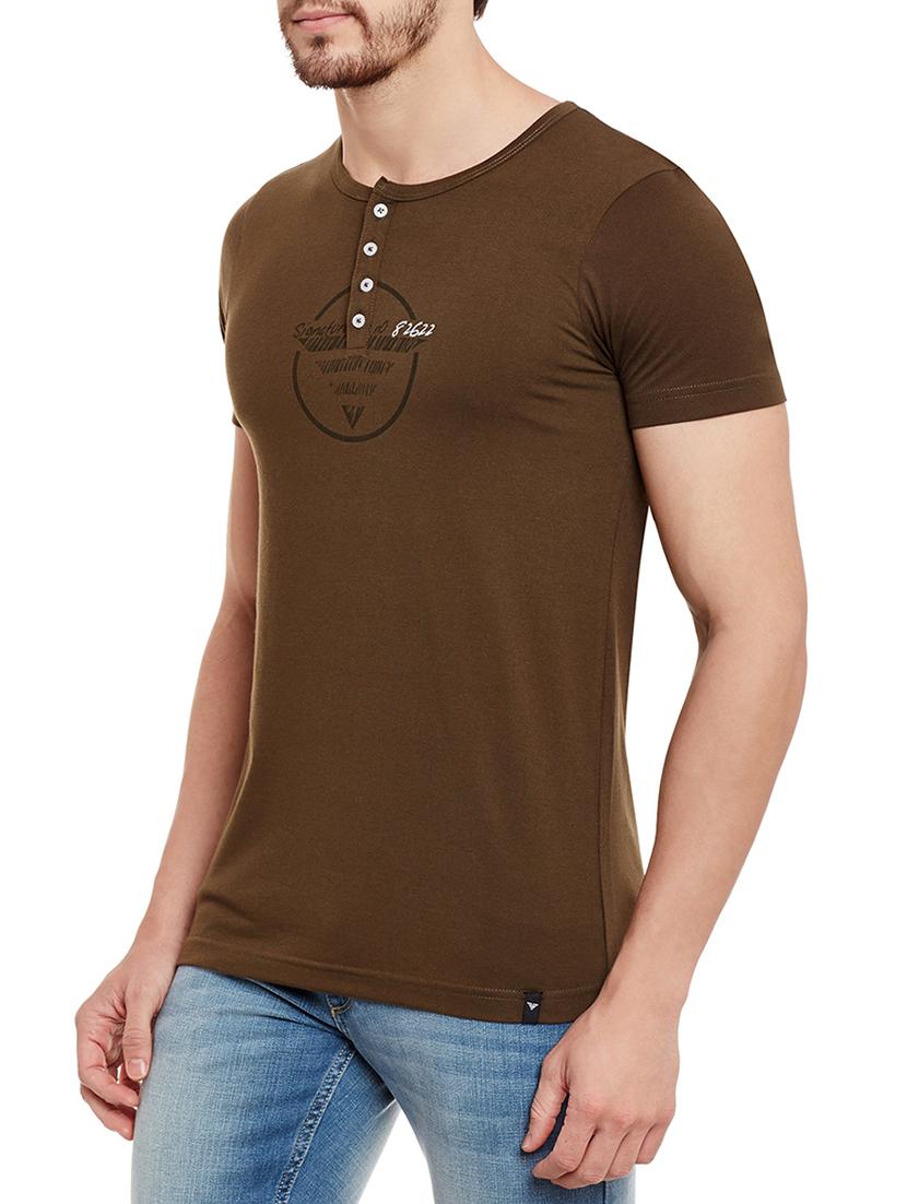 brown printed cotton henley t-shirt - 13334393 - Zoom Image - 2