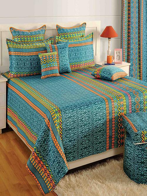 saavra turquoise colour cotton double bed sheet with 2 pillow covers - 13336801 - Standard Image - 1