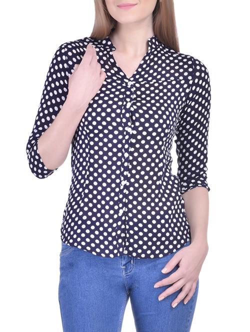 navy blue polka dots printed crepe assymmetric shirt - 13337374 - Standard Image - 1