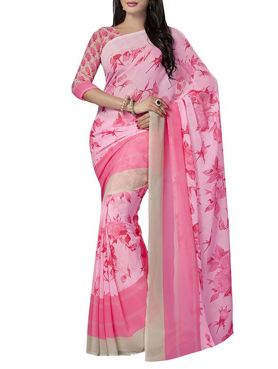 pink faux georgette printed saree with blouse - 13343455 - Zoom Image - 1