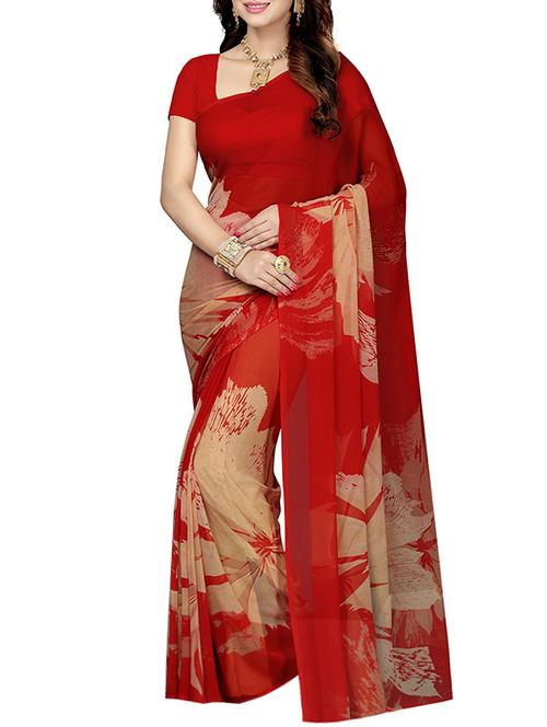 red georgette printed saree with blouse - 13343464 - Standard Image - 1