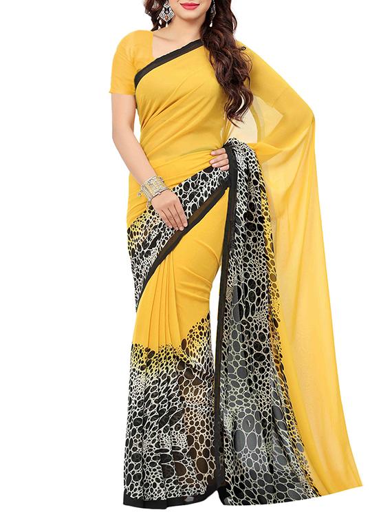 yellow georgette printed saree with blouse - 13343481 - Zoom Image - 1