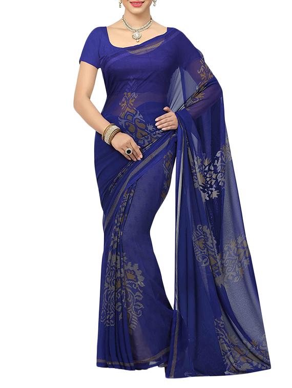 blue georgette printed saree with blouse