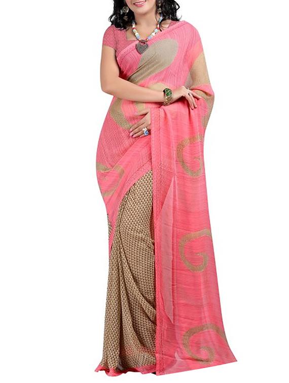 peach printed saree with blouse