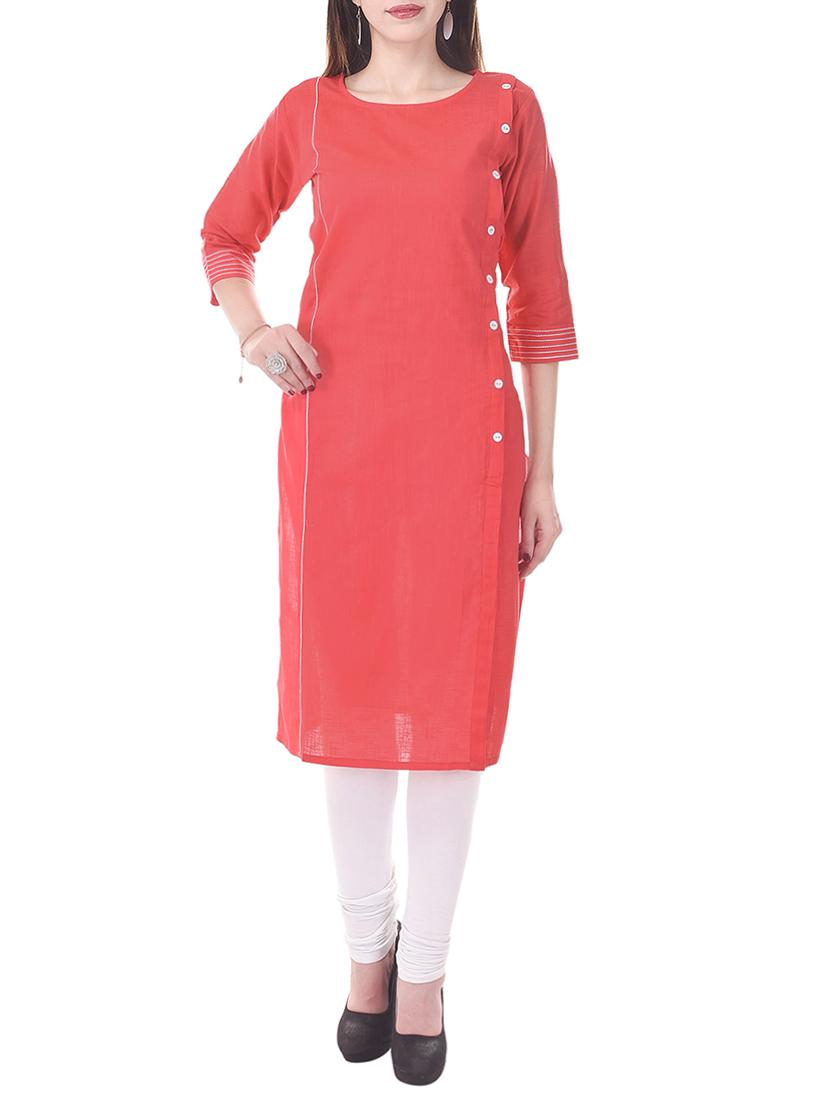 peach cotton straight solid kurta - 13343966 - Zoom Image - 1
