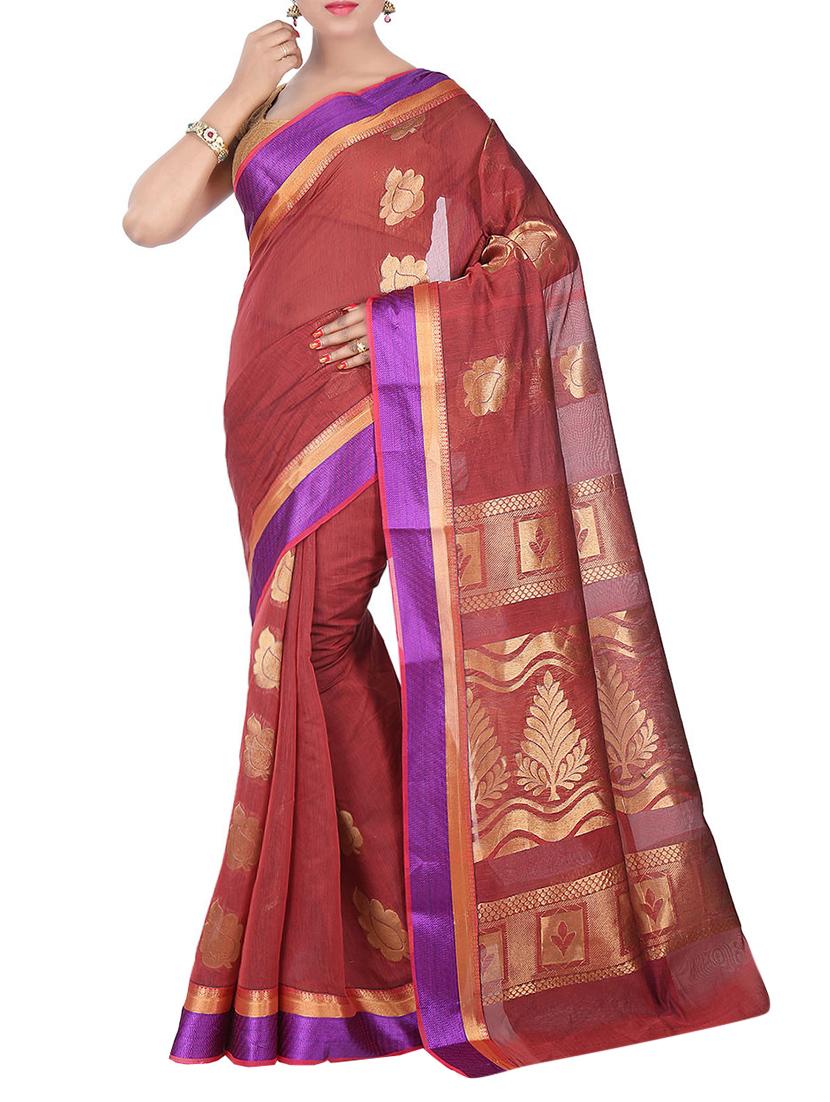 brown silk blend woven saree with blouse - 13346297 - Zoom Image - 1