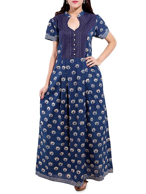 blue lotus print cotton flared kurta - 13349011 - Standard Image - 1