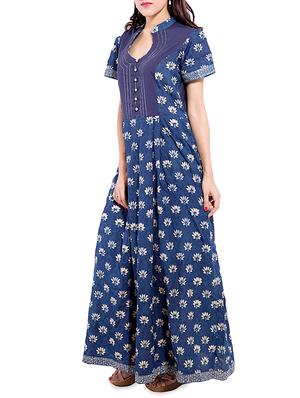 blue lotus print cotton flared kurta - 13349011 - Standard Image - 2