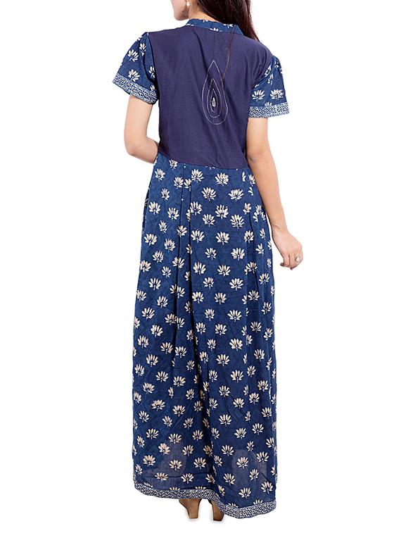 blue lotus print cotton flared kurta - 13349011 - Zoom Image - 3