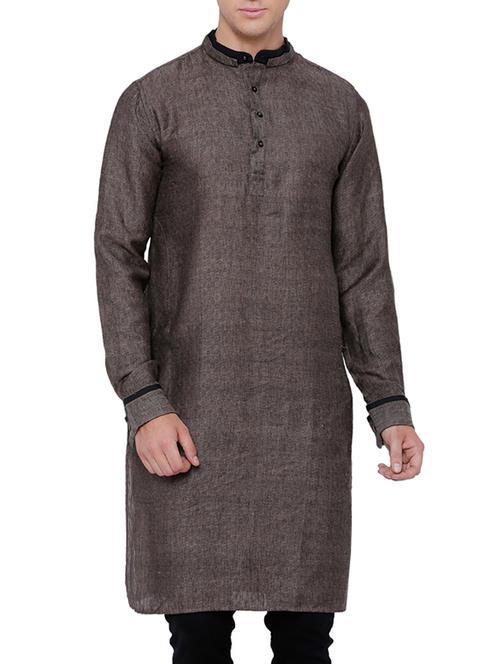 solid charcoal grey cotton kurta - 13352130 - Standard Image - 1