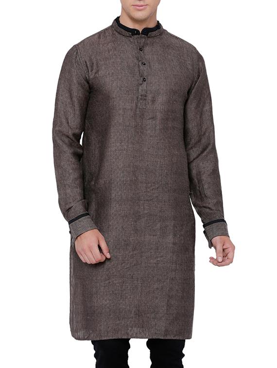 solid charcoal grey cotton kurta - 13352130 - Zoom Image - 1