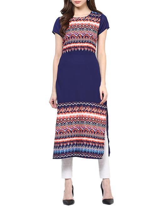 blue poly crepe printed straight kurta - 13358918 - Standard Image - 1