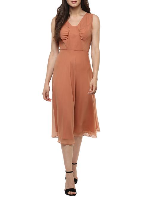 light brown georgette fit & flare dress - 13359101 - Very Small Image - 1