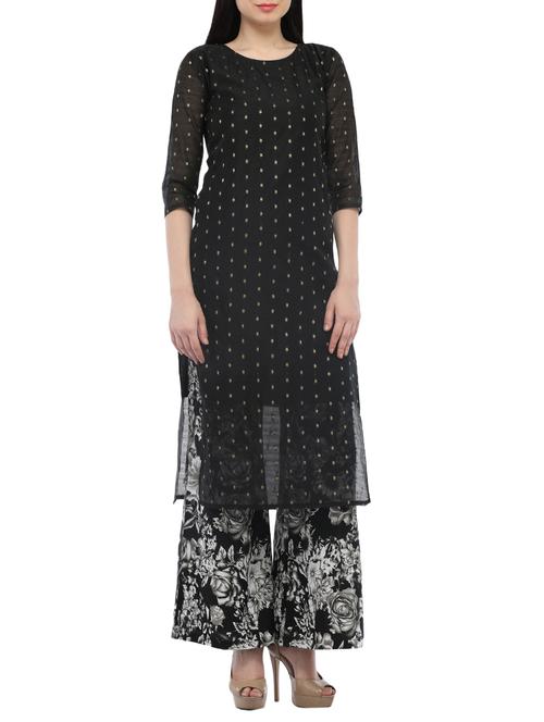 black chanderi silk straight kurta - 13360108 - Very Small Image - 1