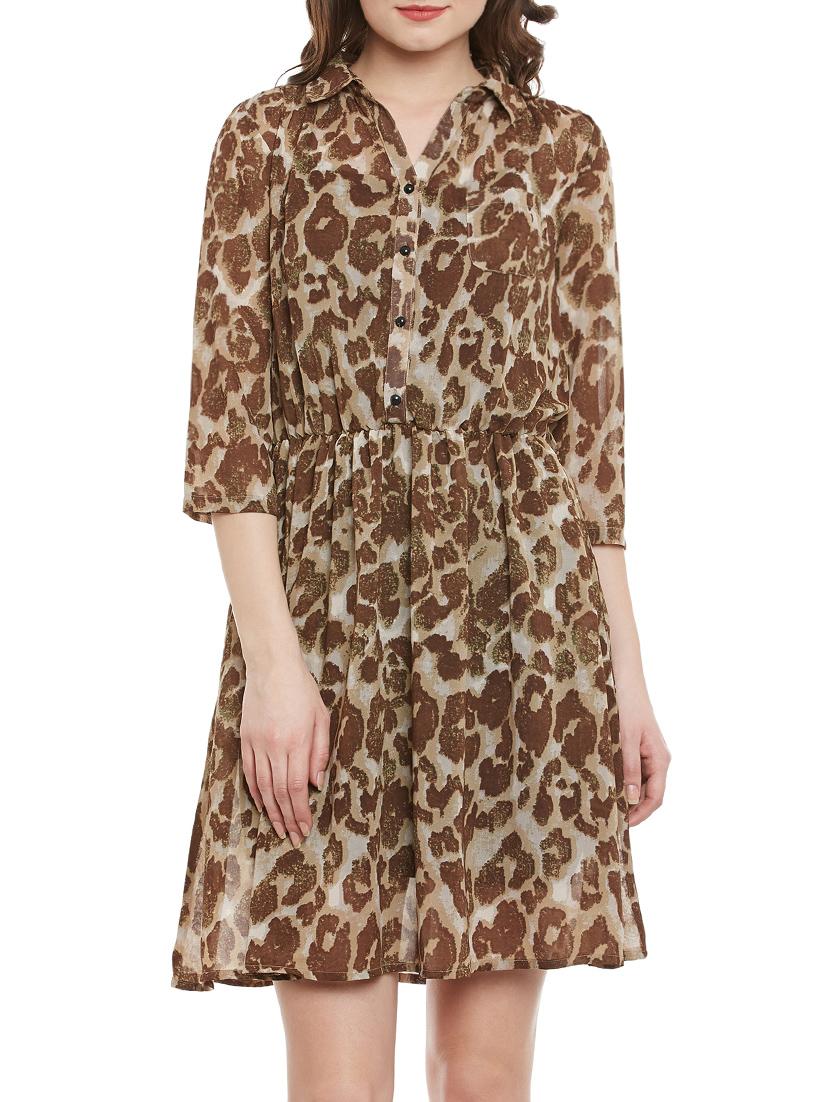 brown animal printed fit & flare dress - 13364426 - Zoom Image - 1