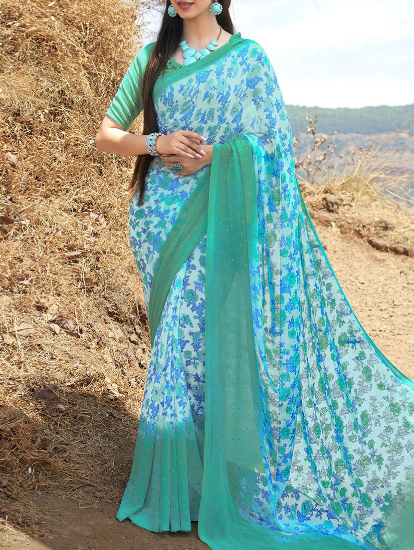 sky blue georgette printed saree with blouse - 13364496 - Zoom Image - 1