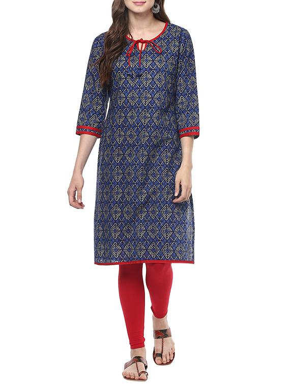 blue cotton straight kurta - 13367121 - Zoom Image - 1
