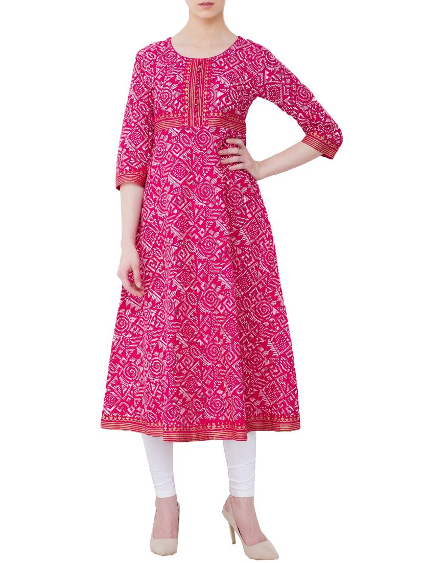 pink cotton flared kurta - 13371896 - Zoom Image - 1
