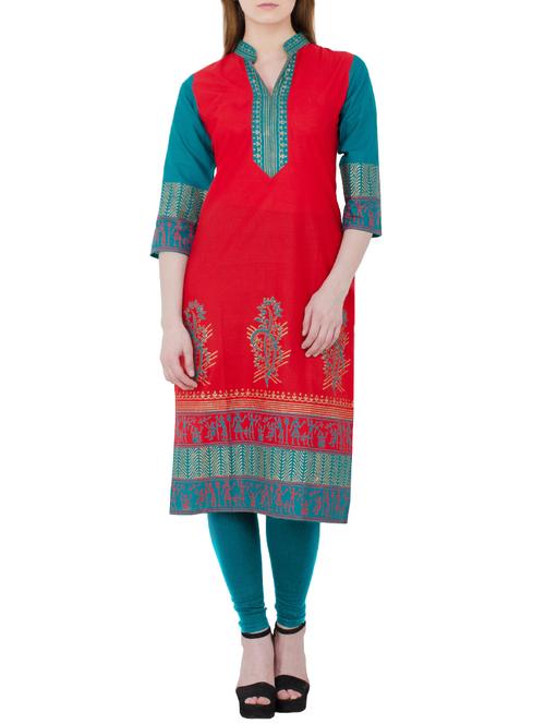 red and blue cotton straight kurta - 13371898 - Standard Image - 1