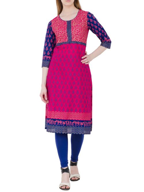 magenta cotton block printed straight kurta - 13371901 - Standard Image - 1