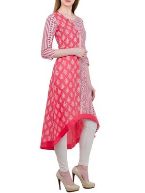 white and pink cotton high low block printed kurta - 13371902 - Standard Image - 2