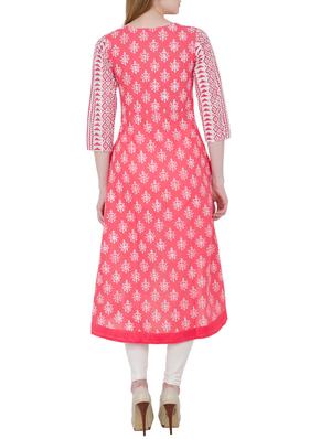 white and pink cotton high low block printed kurta - 13371902 - Standard Image - 3