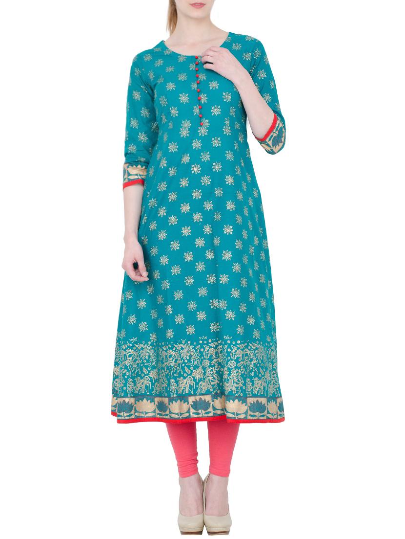 blue cotton flared kurta - 13371908 - Zoom Image - 1
