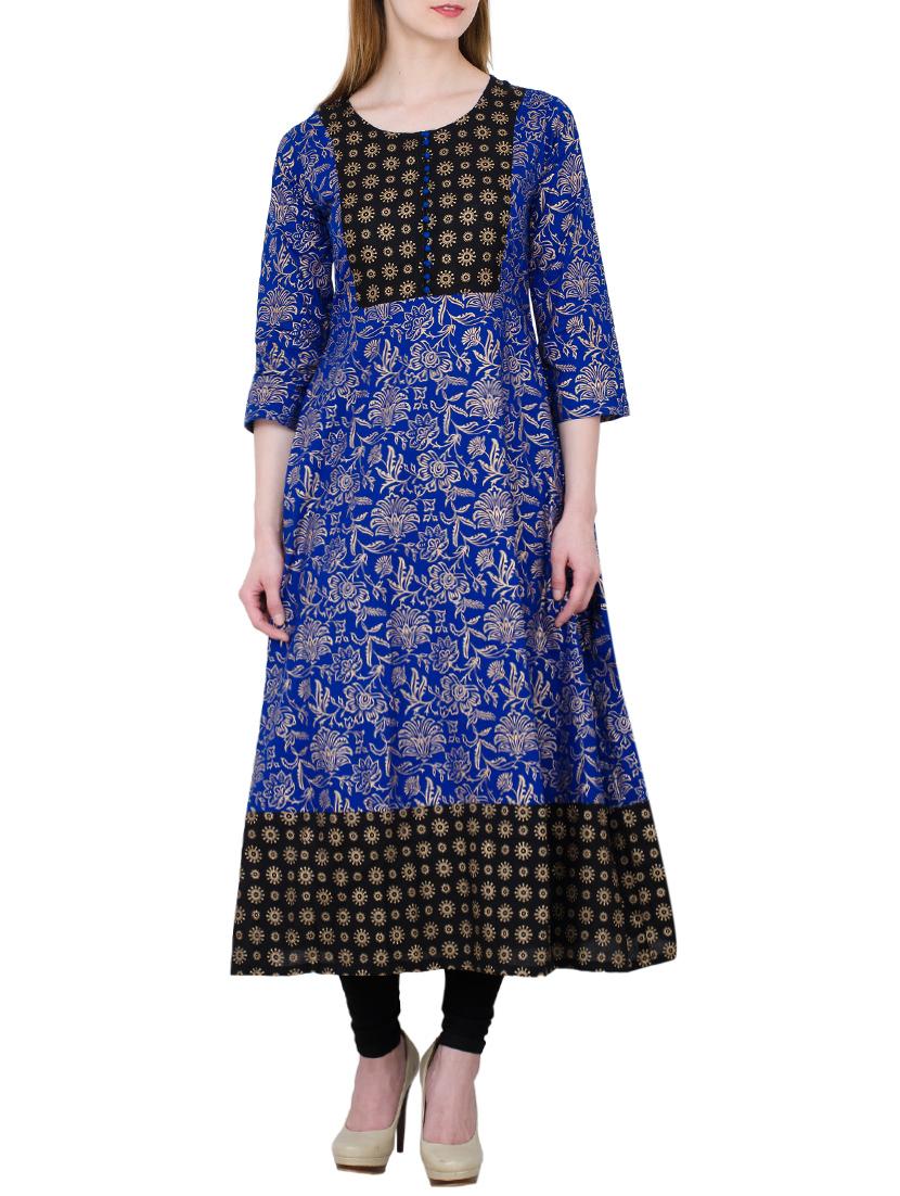 blue cotton flared kurta - 13371909 - Zoom Image - 1
