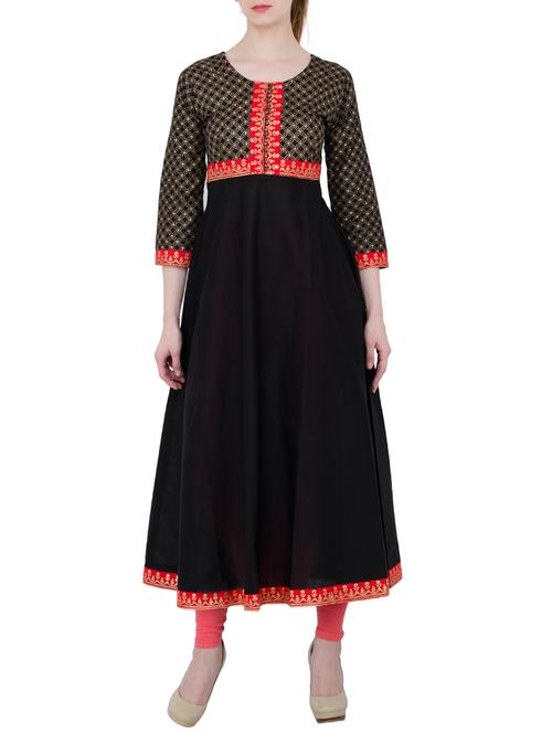 black cotton block printed flared kurta - 13371910 - Standard Image - 1