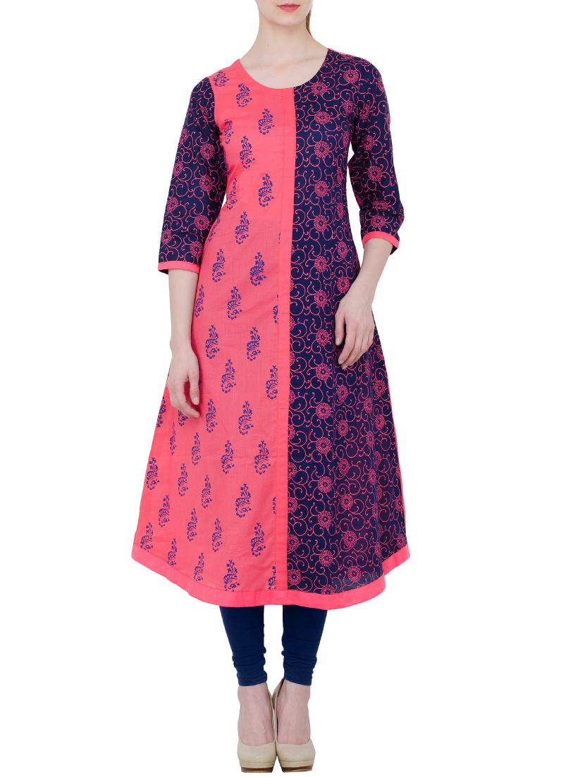 pink and blue cotton block printed a-line kurta - 13371912 - Zoom Image - 1