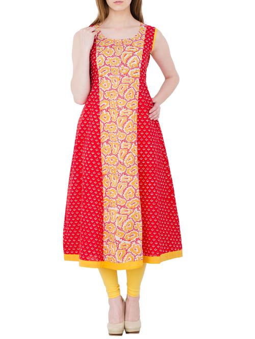 red cotton a-line kurta - 13371913 - Standard Image - 1