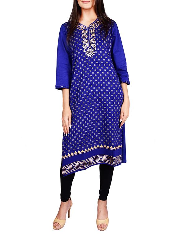 blue cotton blend printed straight kurta - 13377079 - Zoom Image - 1