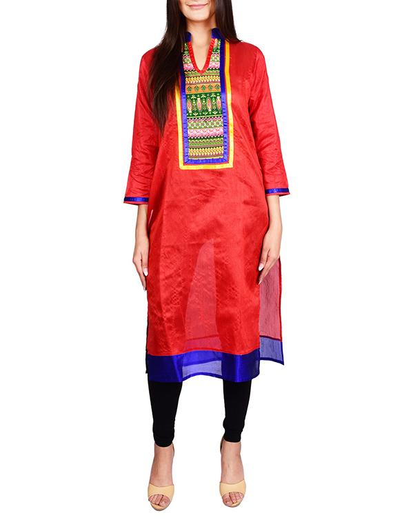 red dupion printed straight kurta - 13377115 - Zoom Image - 1