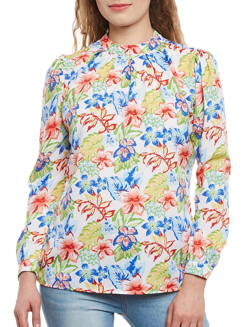 pleated mock neck floral top - 13388105 - Zoom Image - 1