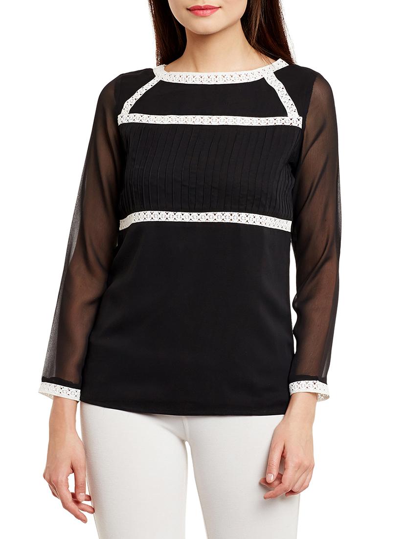 contrast lace pin tucks detail top - 13388109 - Zoom Image - 1